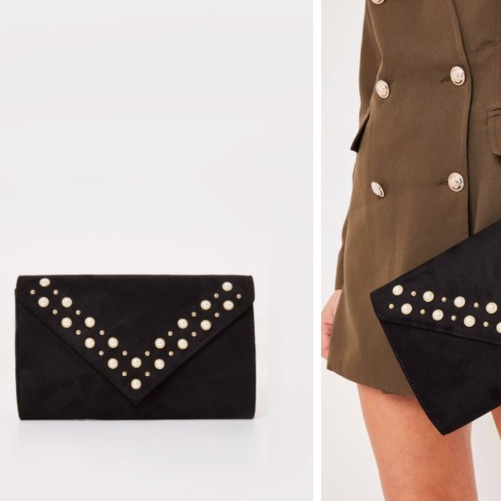 Black Suede Pearl Envelope Clutch Bag i